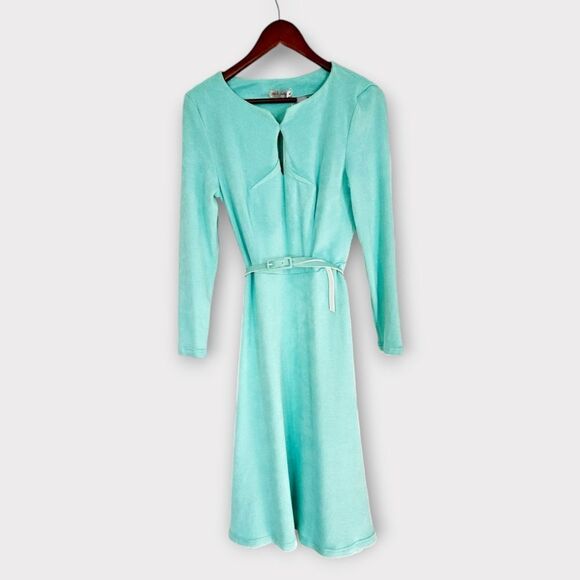 NWT Lila Kass Elegant Wool Mohair Belted Long Sleeve Midi Dress in Mint Green 8 - Picture 3 of 10